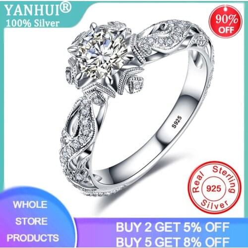 YANHUI New Design Hollow Flower Pattern Finger Rings for Women Luxury Brand 925 Sterling Silver Zirconia Diamond Wedding Rings