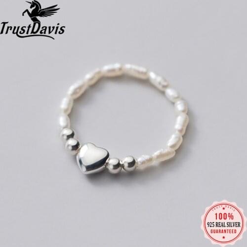 Trustdavis Real 925 Sterling Silver Sweet Irregular Pearl Heart Beads Elastic Rings For Women Wedding Party S925 Jewelry DA1308
