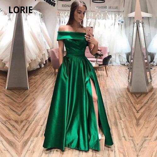 LORIE Simple Satin Green Evening Dresses 2020 Off the Shoulder Boat Neck Formal Prom Gown with Slit Floor Length Dress Plus Size