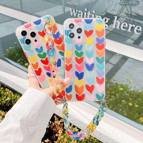 Cute Love Heart Bracelet Clear Phone Case For iphone 12 11 Pro X XR XS Max Mini 7 8 Plus Colorful Chain Rainbow Soft Back Cover