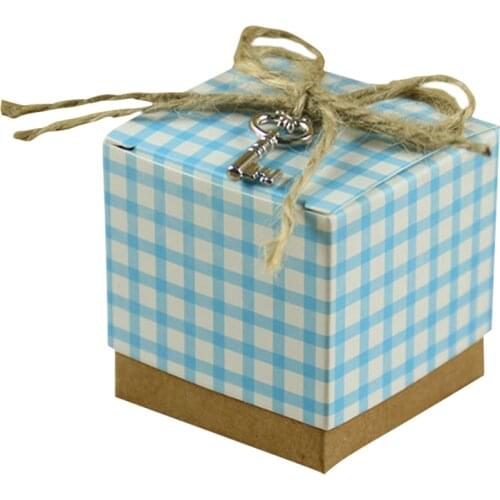 Mini Plaid PinkBlue With Key Candy Box Wedding Gift Boxes Party Favors Decoration for Anniversary Birthday Baby Shower Box 7.5g