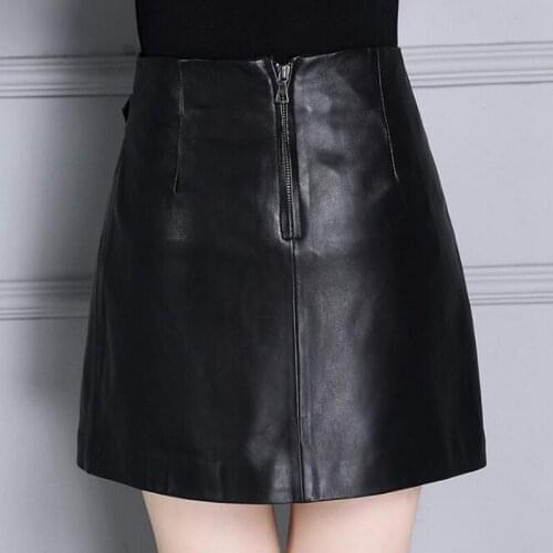 OL Style 100% Real Leather Mini Skirts Women Designer High Waist Irregular A-Line Skirt Sheepskin Black Wrap Skirt Plus Size