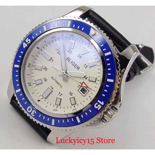 BLIGER Sport Style Mechanical Men Watch Automatic Movement MIYOTA 44mm Case Rotating Bezel Leather Strap