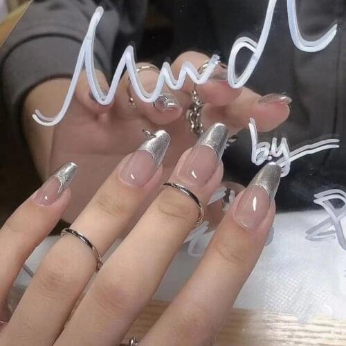 24pcs Fake Nails With Glue Simple Long Mirror Silver French Wearable Nail Stickers Finished False Nails Press On Nails Coffin DL
