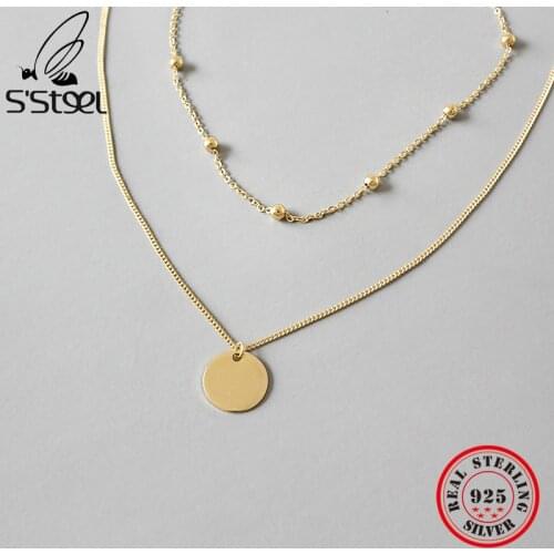 SSTEEL Sterling Silver Necklace Round Pendant Beads Chain Layered Choker Cadenas De Plata 925 Mujer Bijoux Femme Jewelry