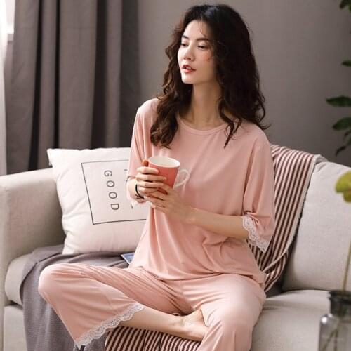 Pajamas Womens Summer Short Sleeve Pants Modal Nightwear Home Wear Korean Version Simple 2Pcs Suit Female Sleepwear Lingerie