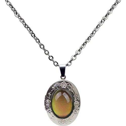 Luxury Retro Gemstone Color Change Mood Temperature Link Chain Pendant Necklace Oval Stone Fashion Jewelry