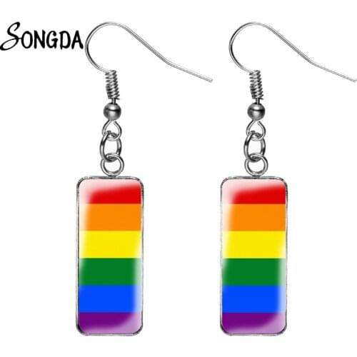 LGBT Rainbow Pride Flag Rectangular Earrings Art Pattern Bisexual Pride Glass Photo Cabochon Fish Hook Earrings Handmade Jewelry