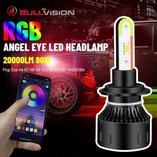 BULLVISION H4 H7 Led RGB Headlight Colorful 9005 9006 H11 Car Lights Hb3 Hb4 Turbo CSP App Bluetooth Control 20000LM H8 H9 Bulb
