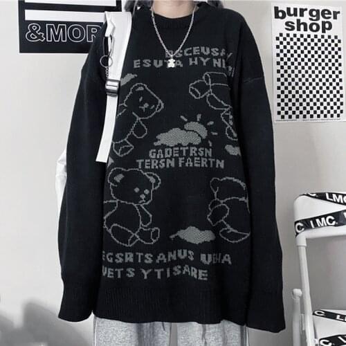 Autumn Sweater Women College Style Sweater Cartoon Bear Clouds Pattern Sweater Loose Round Neck Sweater Thick Casual Man Sweater