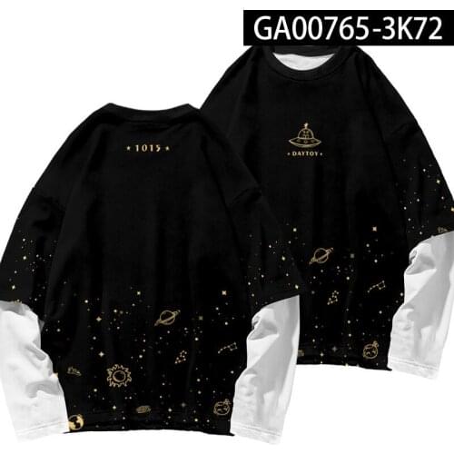 Spring Fashion Men Women Casual Fake Two Pieces Sweatshirts Couple Black Print Long Sleeve T-shirt Tops
