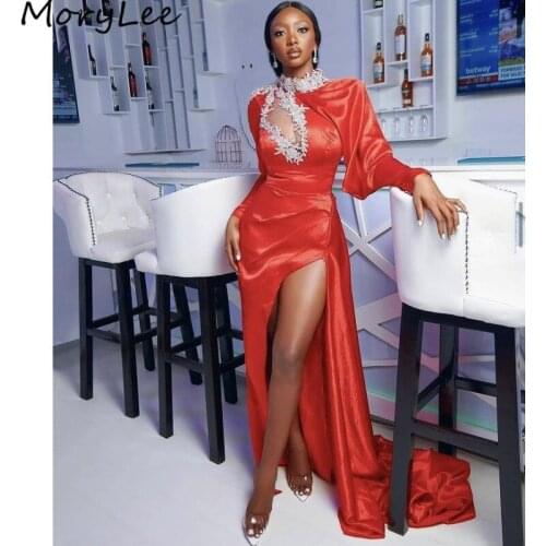 Prom Dresses High Neck Long Sleeves Side Slit Silk Satin Lace Crystal Prom Dresses With Zipper vestidos de fiesta de noche