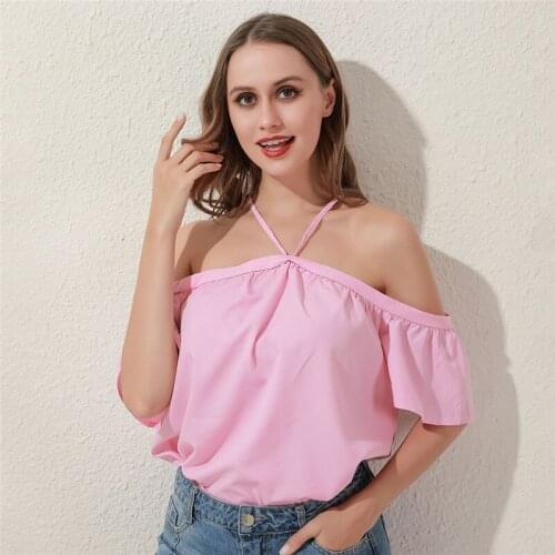 Women Elegant Shirts 2020 Summer Off Shoulder Halter Blouse Sexy Backless Solid Color Tops Short Sleeve Ladies Shirts Blusas