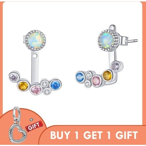 BISAER Rainbow Bubbles Stud Earrings Real 925 Sterling Silver Colorful Zircon Opal Earrings For Women Jewelry 2020 EFE392