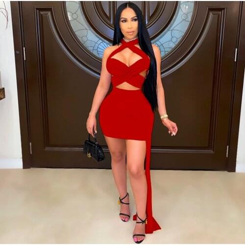 2021 New Famous Internet Celebrity 2 pcs Women Set Solid Halter Strapless Short Tops Mini Dress Summer Sexy Club Outfits