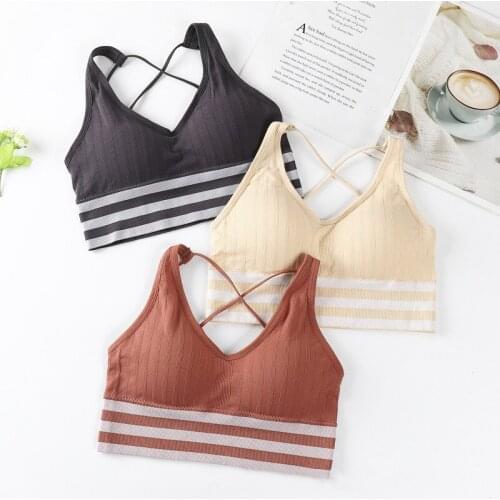 Stripe Yoga Top Women Anti-sweat Gym Sport Fitness Bra Breathable Underwear Shockproof Cross Back Bra Running Summer Crop Top