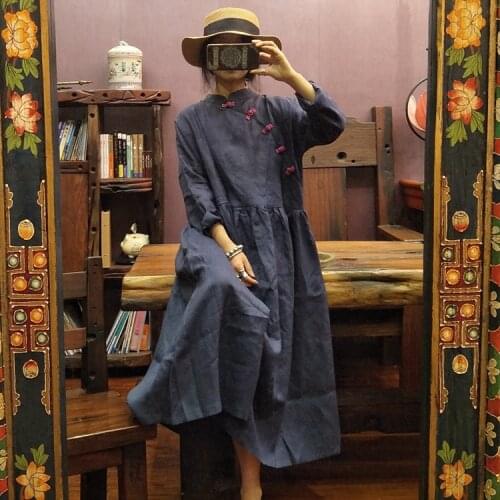 Women Solid Color Retro Linen Robe Dress Ladies Stand Collar Vintage Flax Loose Dresses 2019 Spring Autumn Dress