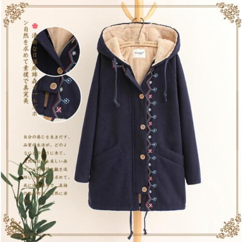 Winter new style Japanese Mori girl ethnic embroidery hooded lamb woolen coat female mid-length cotton coat