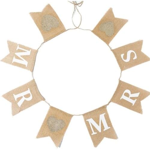 2PCS Pull Flag Ceiling Decoration Party Supplies Linen Outdoor Wedding Mr Mrs Burlap Swallowtail Flag Photo Props
