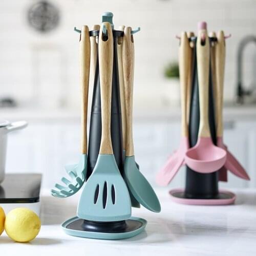 5Pcs/set Silicone Turner Soup Ladle Spoon Spatula Scraper Pasta Server Rotating Holder Cooking Utensils Cookware Baking Tools