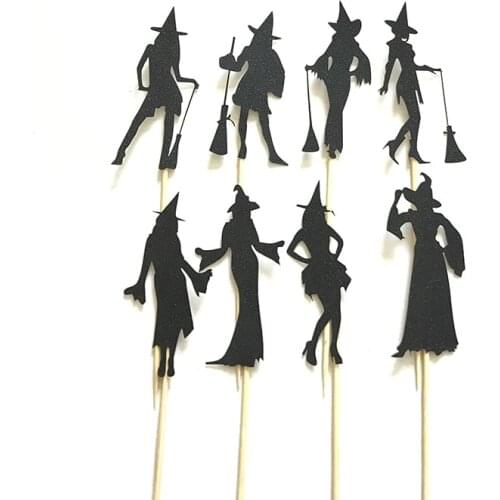 8PCS Witches Cupcake Toppers Black Dressing Fashion Show Postures Cake Inserted Card For Halloween Horror Cake Decoration