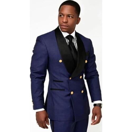 Royal Blue Slim Fit Mens Business Suits 2 Pieces Groom Wedding Black Peaked Laepl Neck Blazer Groomsmen Jacket (Coat+Pants)