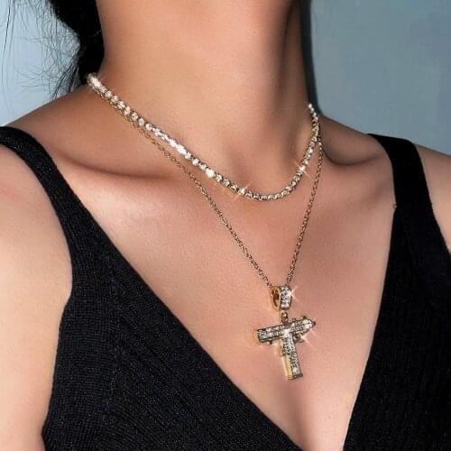 Shiny Gold Silver Color Punk AK47 Uzi Gun Pendant Necklace For Women Crystal Rhinestone Multilayer Pistol Clavicle Chain Jewelry