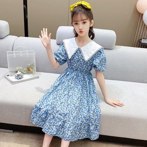 Sweet Floral Print Peter Pan Collar Teenage Girls Cotton Dress 2021 Summer Fashion Kids Puff Sleeve Beach Dress Vestido 12 13 14