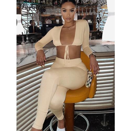 Hugcitar 2021 Summer Solid Long Sleeves Bandage V Neck Crop Top Leggings 2 Pieces Set Bodycon Sexy Party Club Y2K