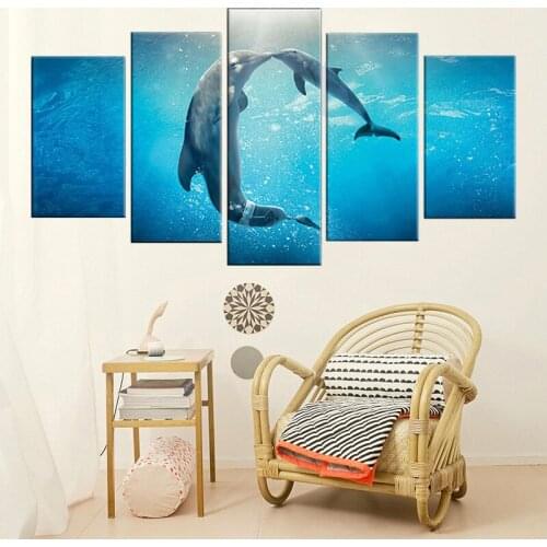 Pictures HD Printed Canvas Painting Living Room Wall Art 5 Pieces Marine Animal Kissing Dolphins Poster Home Decor Framed