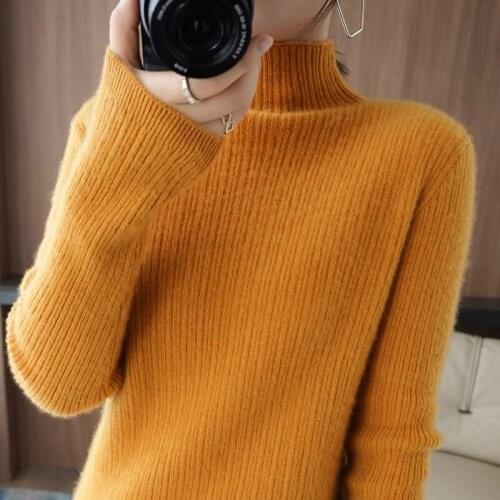 LHZSYY 21 Autumn/Winter Half Turtleneck Woolen Sweater Womens Pure Wool 100% Pullover Slim Sweater Short Drawbar Sweater