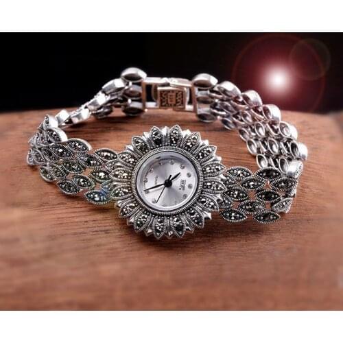 Hot Sale Top Quality Women Brand Silver Sun Flower Watch Elegant Real Pure Silver Bracelet Jewelry Watches Real Silver Bangle