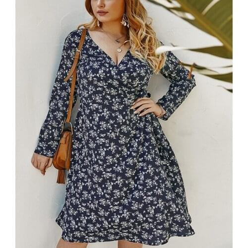 Spring Plus Size Dress 4XL-8XL Bust 135CM Fashionable Womens Sexy V-neck Long Sleeve Waist Adjustable Printed Dress
