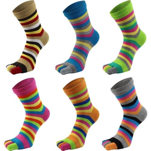 Women Toe Socks Colorful Striped Five Finger Socks Rainbow Cotton Wicking Breathable Athletic Crew Socks Fit EU 36-40