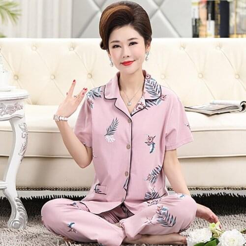 Pink Women Print Pajamas Sets 2PCS Sexy Turn-Down Collar Pyjamas Cotton Sleep Suit Plus Size 3XL 4XL Mother Sleepwear Nightwear