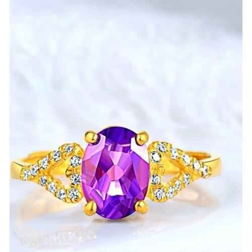 Light Yellow Gold Color Oval Shape Section Amethysts Crystal Resizable Finger Ring with Rhinestone Jewelry