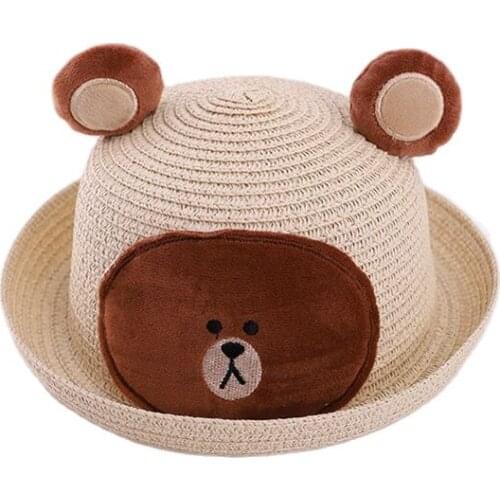 Korean lovely Cartoon Bear Children Sun Hat Spring Summer Flanging Brand Beach Straw For Boy Girl Wide Brim Cap
