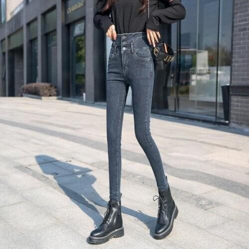 2021 Women Spring Autumn New Plus Size Button Jeans Female High Waist Stretch Skinny Pants Lady Casual Loose Denim Trousers F903