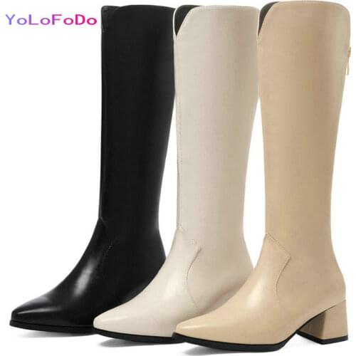 2021 Autumn Winter Women Knee High Boots PU Leather Comfortable Square Heel Women Calf Boots Pointed Toe Zipper Womens Boots