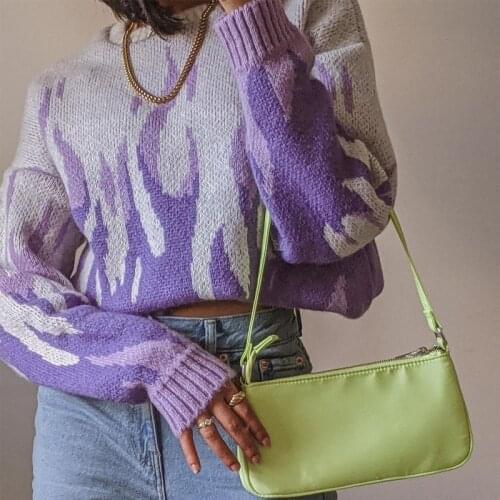 Casual Purple O Neck Long Sleeve Women Sweater Flame Print Elastic Patchwork Female Pullover Autumn Streetwear Tops Fashion 2021