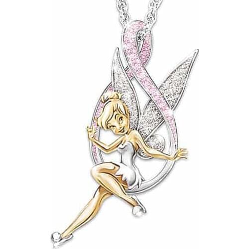 Pink Flower Fairy Necklace For Women Girl Cute Angel Wings Love Heart Believe Crystal Elf Pendant Necklace Jewelry