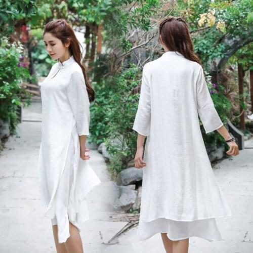 Women Cheongsam Dress Chinese Traditional Costumes Qipao Elegant Summer Solid Color Hollow Out Cotton Linen Casual Streetwear