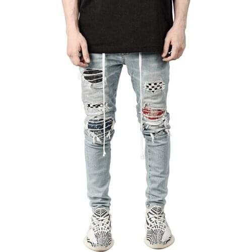 2021 Hot New Skinny Jeans Men Streetwear Destroyed Ripped Jeans Homme Hip Hop Male Pencil Pants Embroidery Patch jeans