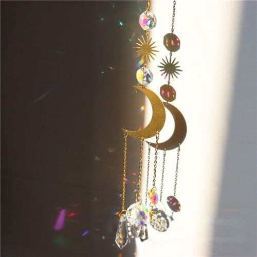 2021 Crystal Wind Chime Star Moon Pendant Sun Suncatcher Plated Colorful Beads Hanging Drop For Outdoor Indoor Garden Geometric