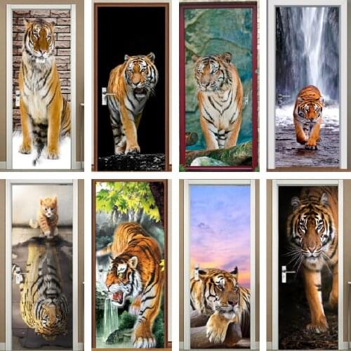 3D Vision Tiger Door Sticker Wallpaper For Living Room Bedroom Decoration Self Adhesive Vinyl Lion Poster Removable Wall Decals
