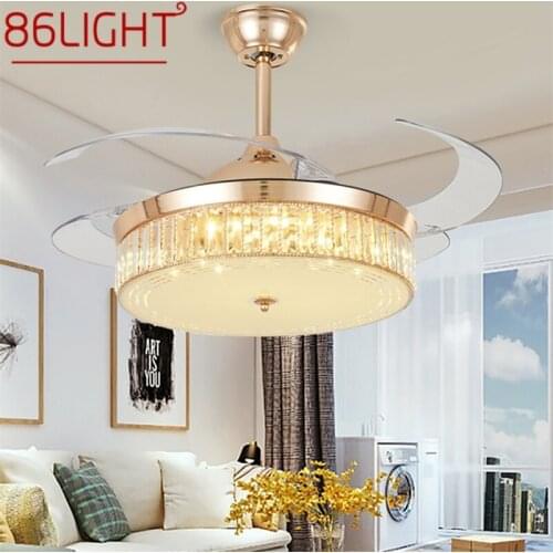 86LIGHT Ceiling Fan Light Invisible Gold Luxury Crystal LED Lamp With Remote Control Modern For Home