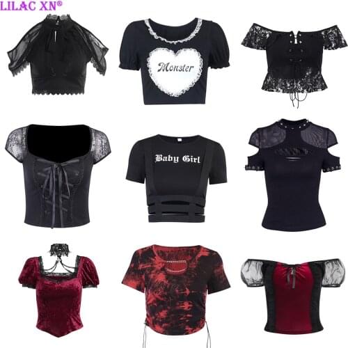 Lilac XN Harajuku Letter Baby Girl Bodycon Crop Top Vintage Sexy Aesthetic Black Women T-shirt Kpop Y2K Tops Gothic Clothes 2021