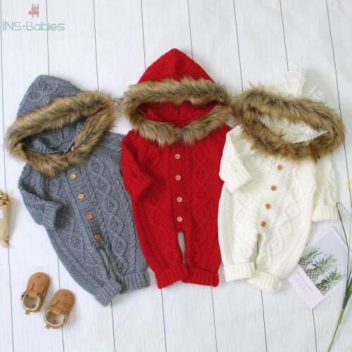 Baby Winter Clothing Cotton Baby Kniting Bodysuit Girls Warm Long Jumpsuit Long-sleeved Body Suit Boys Clothes With Fur Hooded