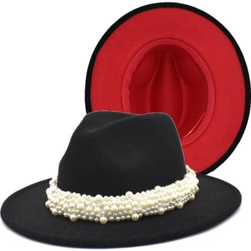 Women Hats Winter Wide Brim Band Belt Pearl Panama Brand Jazz Caps Formal Church Winter Women Hats White Pinkwool Fedora Felted