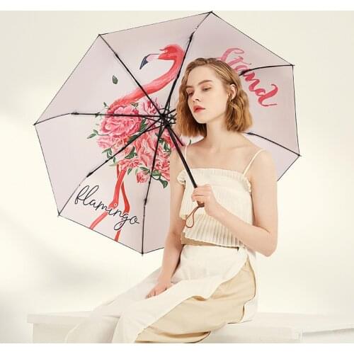 Flamingos Double Layer Girls Umbrella Wooden Handle Folding Clear Umbrells Rain Women Windproof UV Sun Protect Umbrella Parasol
